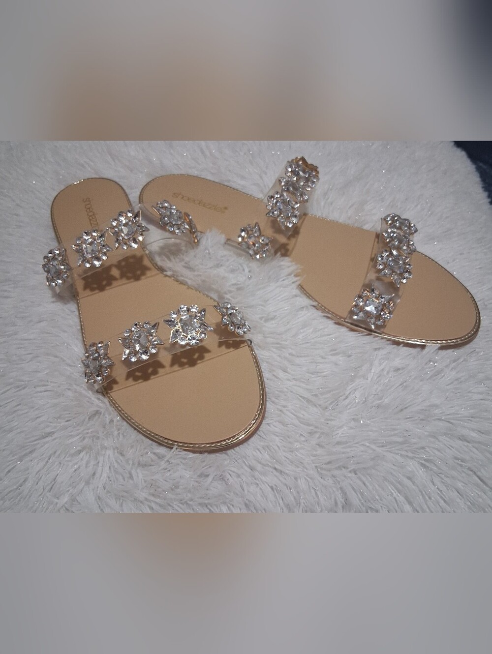 Shoe Dazzle Nude Slide Sandals with Clear Crystal Clusters
